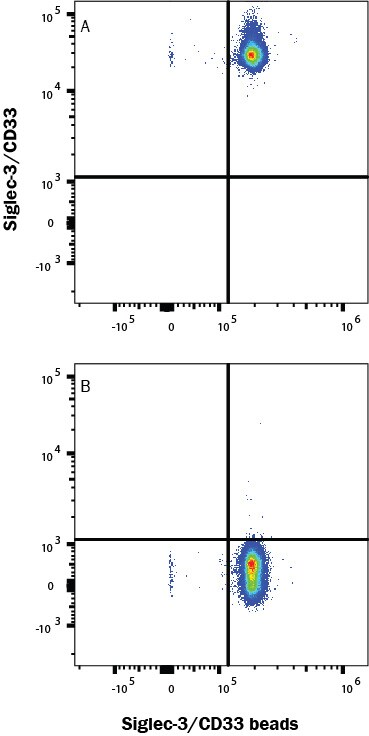 Fluorescent beads conjugated to anti-Human Siglec-3/CD33 Monoclonal Antibody were stained with (A) Recombinant Human Siglec-3/CD33 Fc Chimeram Atto 647N Conjugate or (B) unstained.